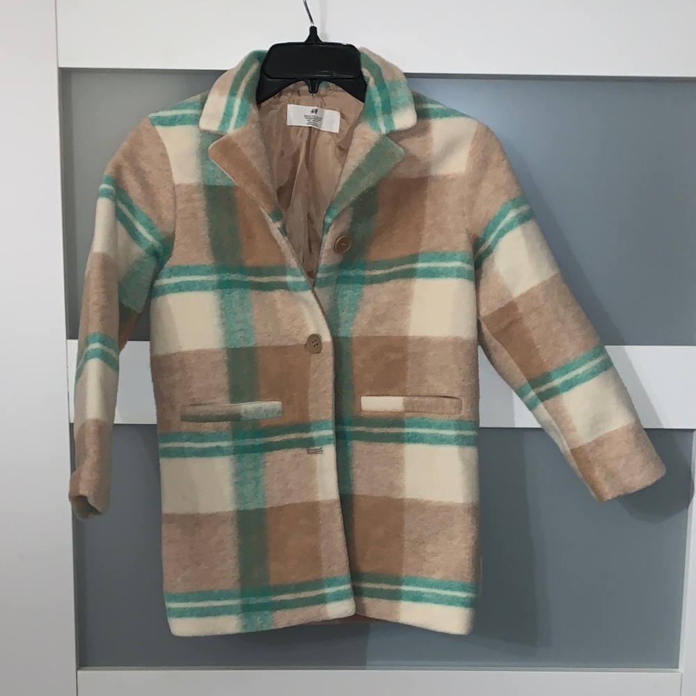 H&M Kids Plaid Pea Coat - Cream and Green